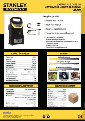 Nettoyeur haute pression électrique 110 bar SXFPW14L-E - STANLEY