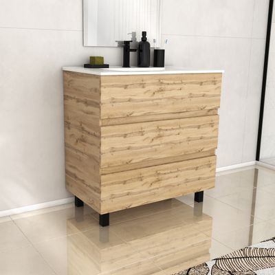 Meuble de salle de bains Timber 3 tiroirs L80 x H83 x P46 cm MDF chêne naturel + vasque céramique blanche - AURLANE