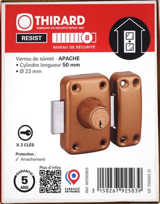 Verrou de porte d'entrée vitrée Apache à cylindre double entrée 50 mm doré 3 clés THIRARD