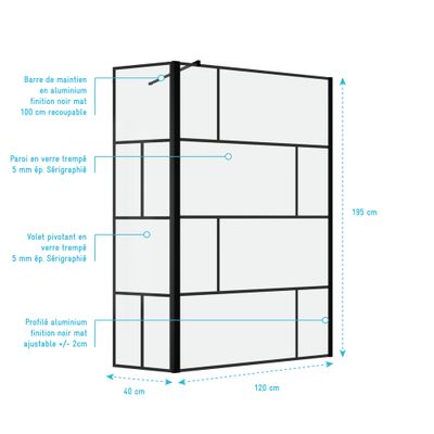 Paroi de douche à l'italienne avec déflecteur 120+40x195 cm profilé noir verre transparent 5 mm Bricks - AURLANE
