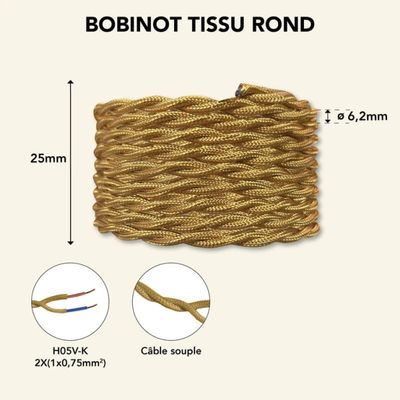 Câble électrique textile torsadé 2 x 0,75 mm² pour luminaire 25 m doré - TIBELEC