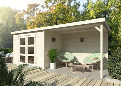Abri de jardin en bois naturel avec pergola 6m² Olivia - 12 m² hors-tout - WHITE WOOD