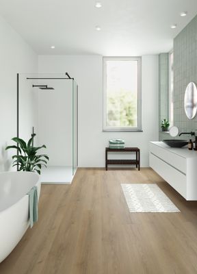Sol vinyle effet bois Miel DOURO ép 5 mm 18 x 122 cm compatible pièce humide paquet de 2,196 m² LAMETT