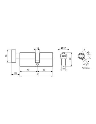 Cylindre de serrure à bouton 40 x 30 mm Transit 1 haute sécurité nickelé 5 clés THIRARD