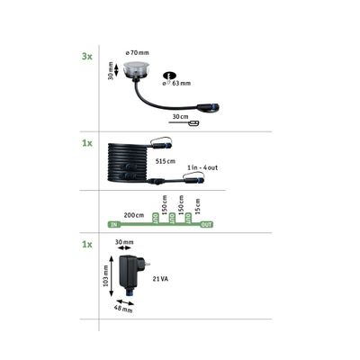 Spots encastrables extérieur LED blanc chaud IP67 3x2W 3x90 lumens 24V Kit de démarrage - Floor Plug & Shine PAULMANN