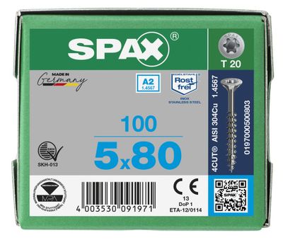 Vis inox tête fraisée T-star 5 x 80 mm par 100 SPAX