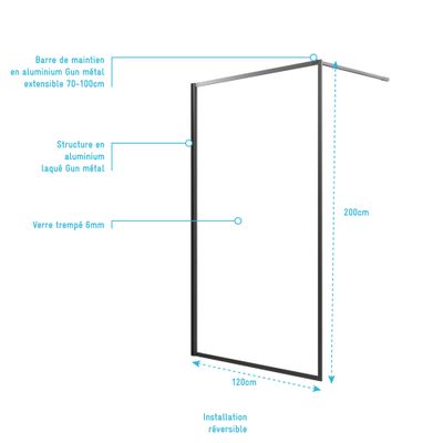 Paroi de douche à l'italienne 120x200 cm profilé gun metal verre transparent 6 mm Edge - AURLANE