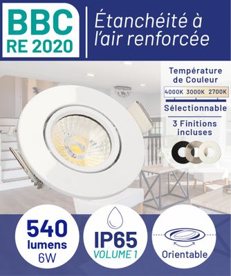 Spot LED encastrable extra-plat salle de bain IP65 et BBC orientable noir/blanc/acier - Azur ARLUX