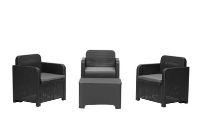 Salon de jardin ARENAL polymère noir 4 places avec coffre et coussins - GRANDSOLEIL