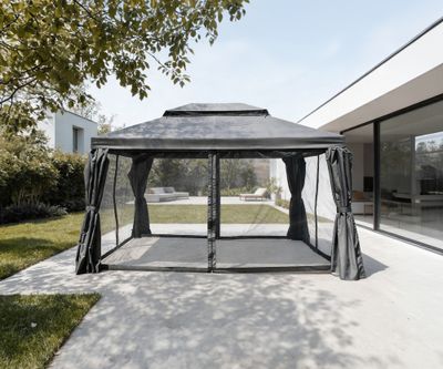 Tonnelle grise Deluxe avec moustiquaires et rideaux 4 x 3 m