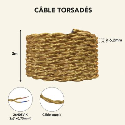 Câble électrique tissu torsadé doré 3m - TIBELEC