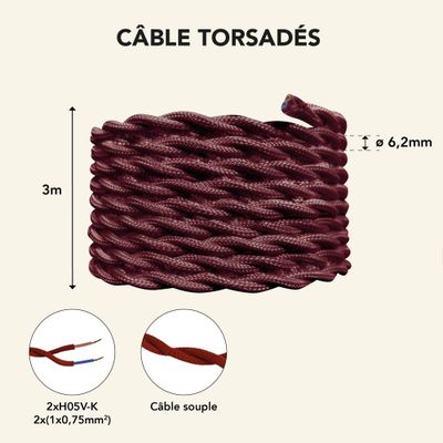Câble électrique tissu torsadé rouge 3m -TIBELEC