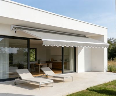 Store Banne 5 x 3,5 m Motorise Gris Avec Plafond Structure Anthracite