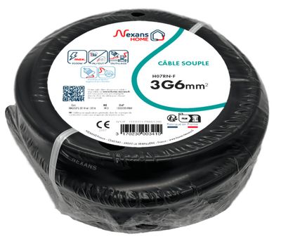 Câble électrique H07RN-F 3G6 mm² souple pour extérieur et chantier 3 m - NEXANS