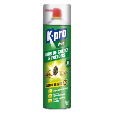 Insecticide destructeur nid de guêpes et frelons foudroyant 500ml - K-PRO VERT