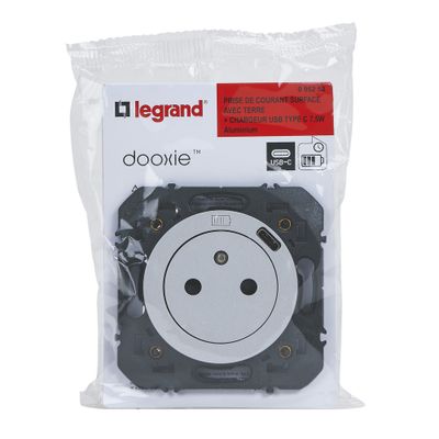 Prise électrique encastrable affleurante avec terre + USB-C Aluminium - Dooxie LEGRAND