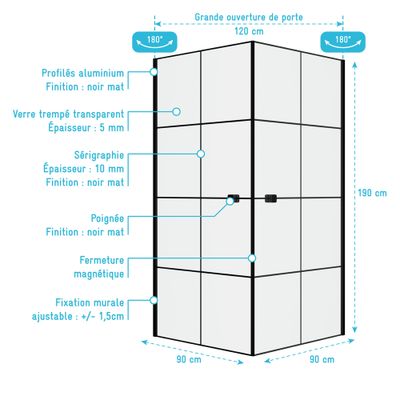 Accès d'angle pivotant 90x90x190 cm profilé noir verre transparent 5 mm Clean Line - AURLANE
