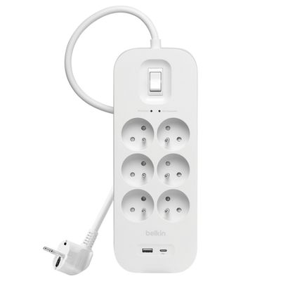Multiprise parafoudre avec interrupteur 6 prises + 2 USB-A+C blanc - DEBFLEX