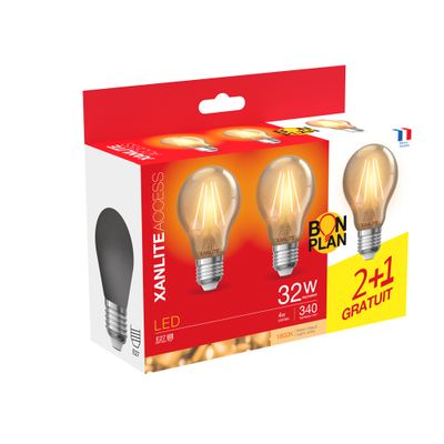 Ampoules filament LED E27 4W = 340 lumens blanc chaud par 3 - XANLITE