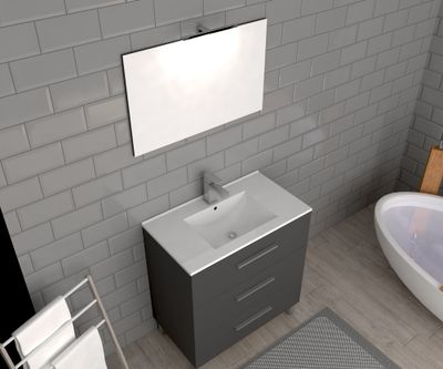 Meuble de salle de bains sur pieds gris L 80 cm 3 tiroirs avec vasque et miroir Volta