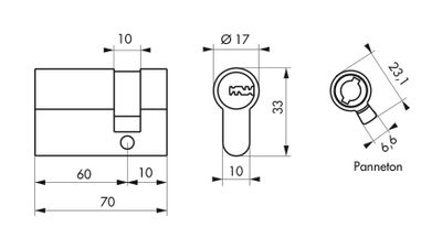 Demi-cylindre de serrure 60 x 10 mm Trafic 6 haute sécurité nickelé 5 clés THIRARD
