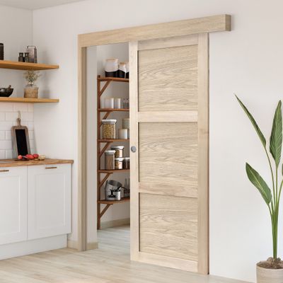 Porte coulissante plaquée chêne 3 panneaux pleins 204 x 83 cm