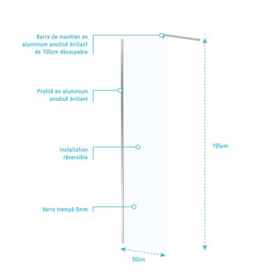Paroi de douche à l'italienne 50x195 cm profilé chrome verre transparent 5 mm Essentiel - AURLANE