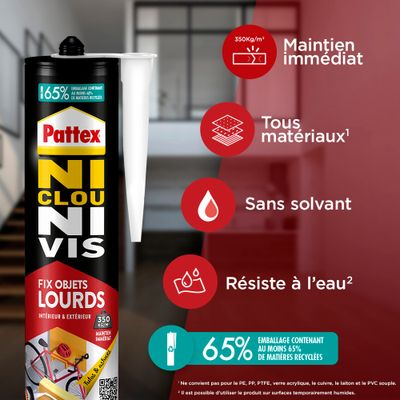 Mastic colle de fixation Ni Clou Ni Vis Tous matériaux objets lourds blanc cartouche 460 g - PATTEX