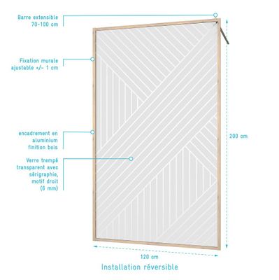 Paroi de douche à l'italienne 120x200 cm profilé bois verre sérigraphié 6 mm Japandi - AURLANE