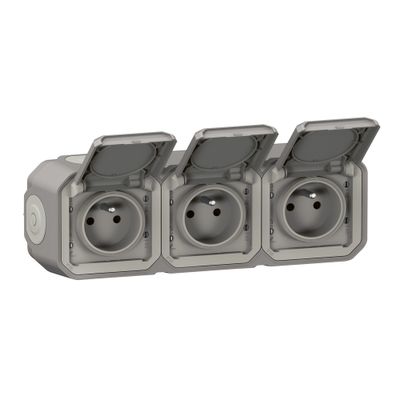 Triple prise électrique étanche IP55 en saillie horizontale 2 pôles + terre Gris - Plexo LEGRAND