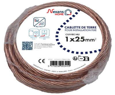 Câble de terre cuivre nu 25 mm² pour mise à la terre 3 m - NEXANS