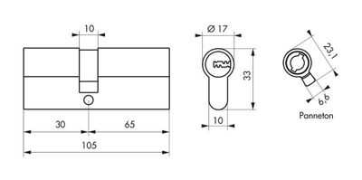 Cylindre de serrure double entrée 30 x 65 mm Trafic 6 haute sécurité nickelé 5 clés THIRARD