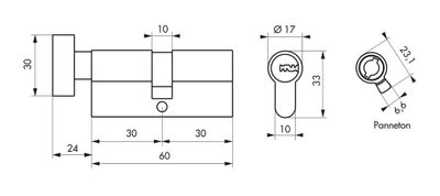 Cylindre de serrure à bouton 30 x 30 mm Trafic 6 haute sécurité laiton 5 clés THIRARD