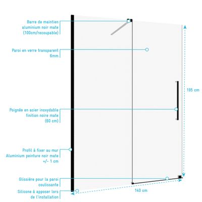 Porte de douche coulissante 140x195 cm profilé noir verre transparent 6 mm Sliding - AURLANE