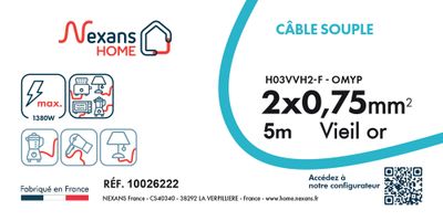 Câble électrique H03VVH2-F 2 x 0,75 mm² souple plat intérieur 5 m viel or - NEXANS