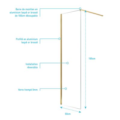 Paroi de douche à l'italienne 50x195 cm profilé or verre transparent 5 mm Essentiel Gold - AURLANE