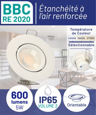 Spot LED encastrable salle de bain IP65 et BBC orientable Blanc - Atlas ARLUX