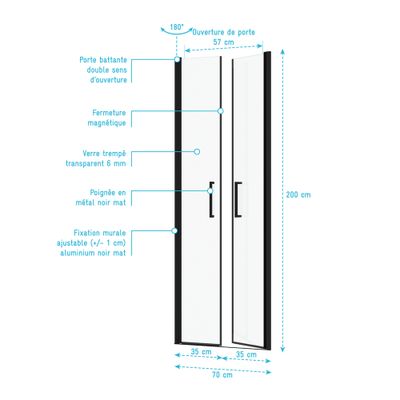 Porte de douche battante 70x200 cm profilé noir verre transparent 6 mm Saloon - AURLANE