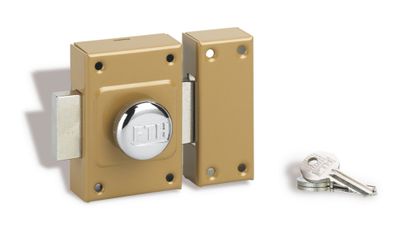 Verrou de porte Etendard à bouton et cylindre 40 mm doré 3 clés THIRARD