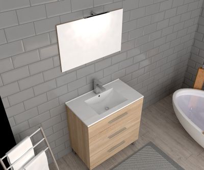 Meuble de salle de bains sur pieds bois L 80 cm 3 tiroirs avec vasque et miroir Volta