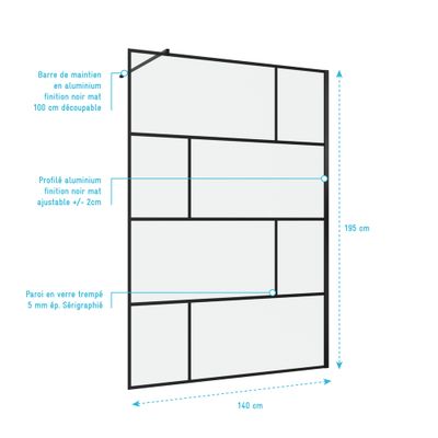 Paroi de douche à l'italienne 140x195 cm profilé noir verre transparent 5 mm Bricks - AURLANE