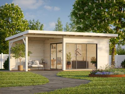 Studio de jardin en bois avec pergola Andrea - Baies simple vitrage - 28,7 m² hors-tout - Livraison à domicile - PALMAKO