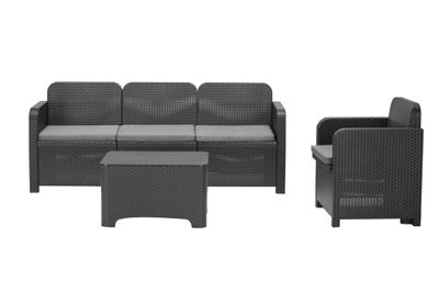 Salon de jardin ARENAL polymère noir 4 places avec coffre et coussins - GRANDSOLEIL