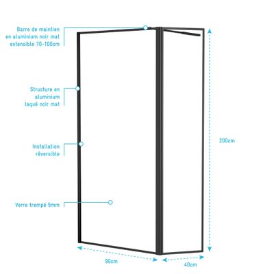 Paroi de douche à l'italienne avec déflecteur 90+40x200 cm profilé noir verre transparent 5 mm Dark Edge - AURLANE