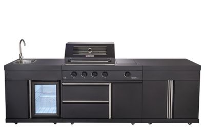 Cuisine d'extérieure Athène S  noire avec évier, réfrigérateur, plan de travail et barbecue - BRASERO