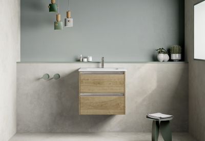 Caisson de salle de bains Thana 2 tiroirs L60 x H55 x P45 cm panneau de particules chêne naturel