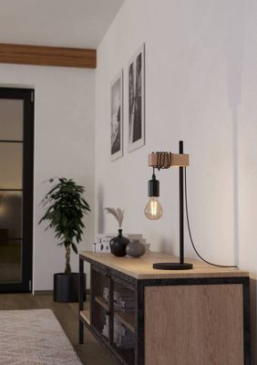 Lampe à poser E27 Townshend bois et noir 10W - EGLO