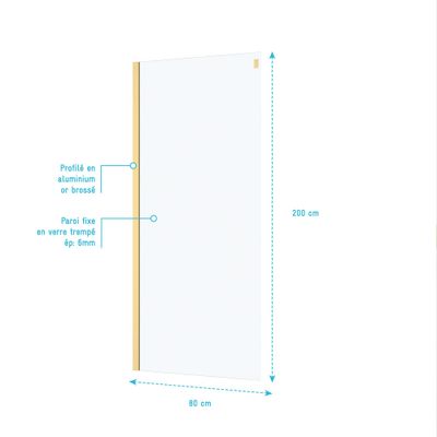 Paroi de douche latérale fixe 80x200 cm profilé or verre transparent 6 mm Rolling - AURLANE