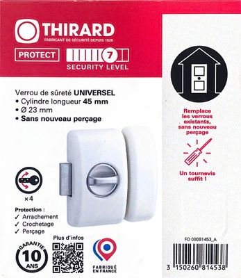 Verrou de porte d'entrée universel à bouton et cylindre 45 mm blanc 4 clés THIRARD