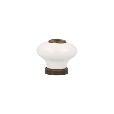 Bouton de meuble rond blanc porcelaine vieux laiton diamètre 31 mm par 4 REI